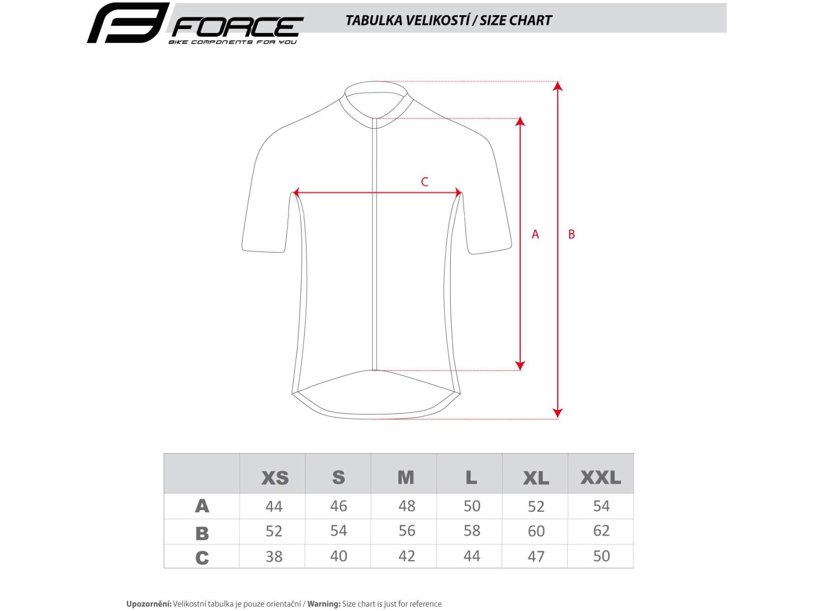 Koszulka rowerowa Force VISION LADY tabela rozmiarów