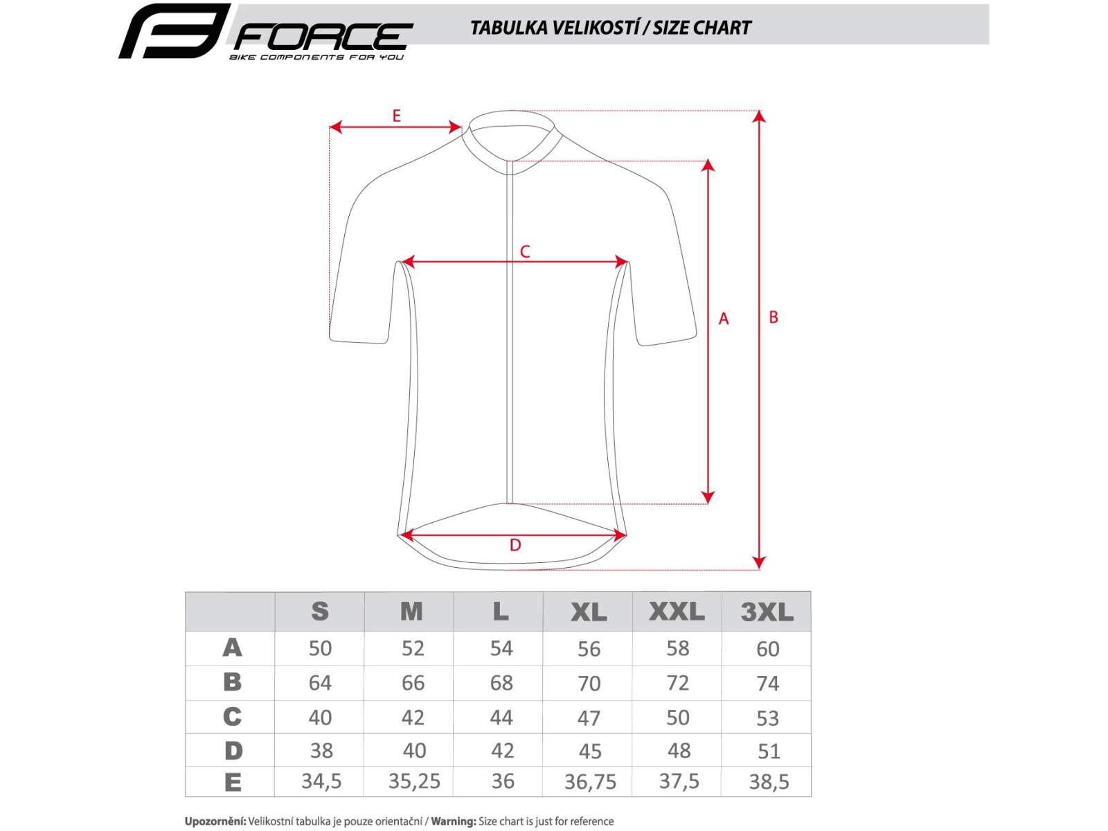 Koszulka rowerowa Force LIFE z krótkim rękawem tabela rozmiarów