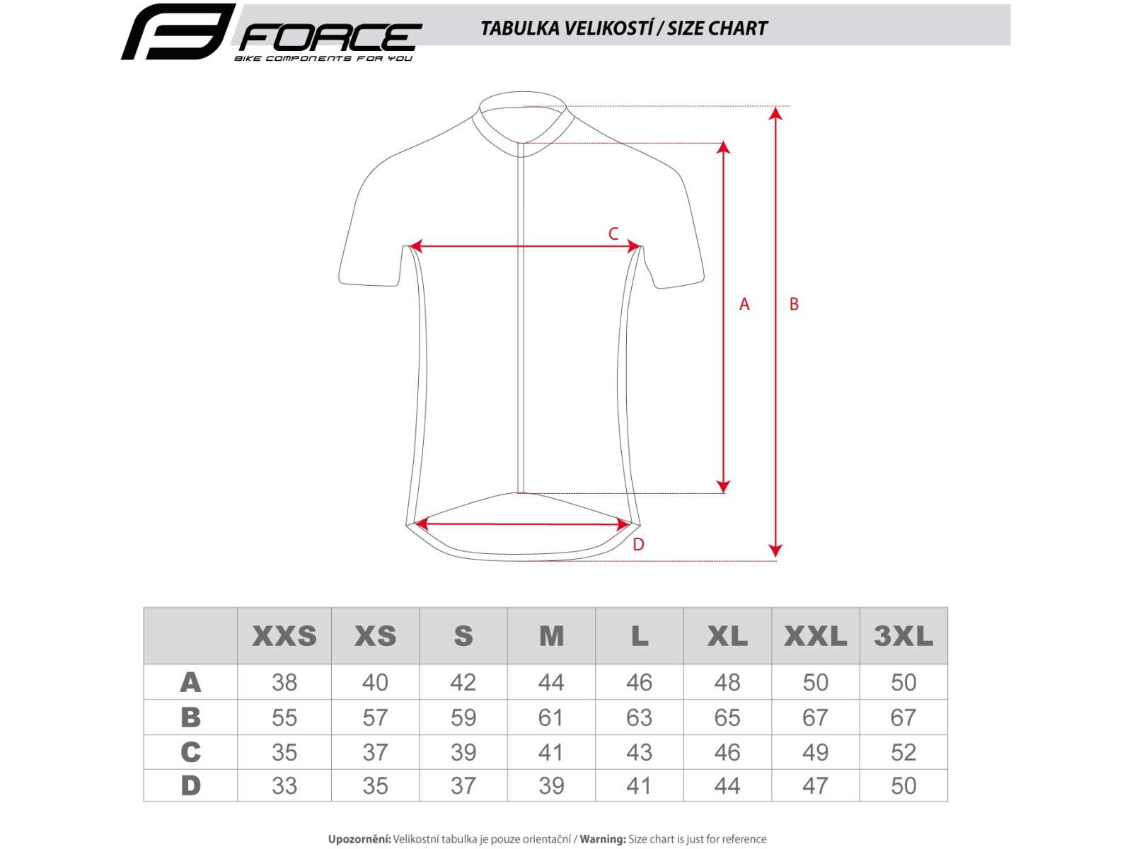 Koszulka rowerowa Force VIVID z krótkim rękawem tabela rozmiarów