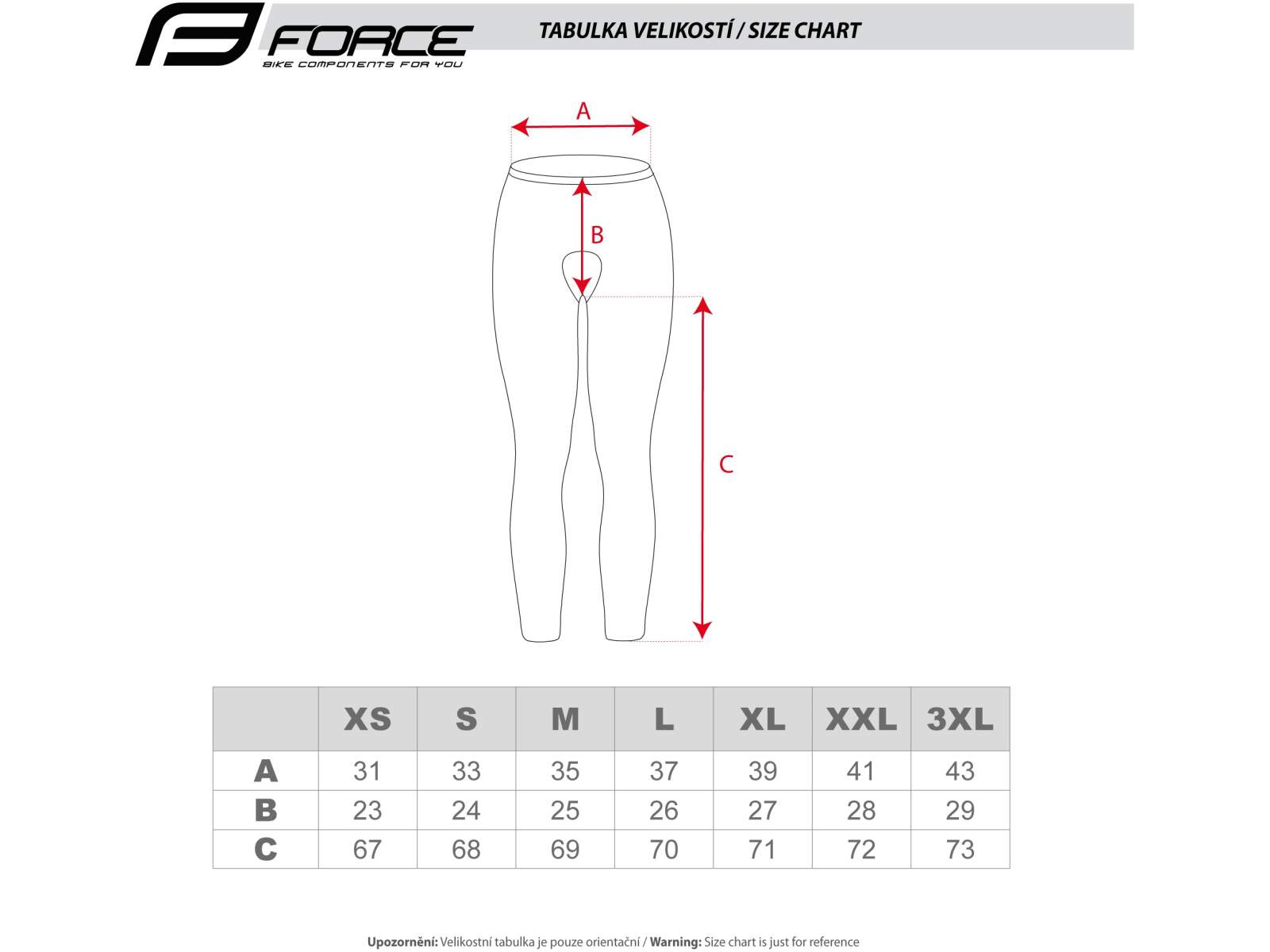 Spodnie rowerowe męskie z wkładką Force RIDGE tabela rozmiarów