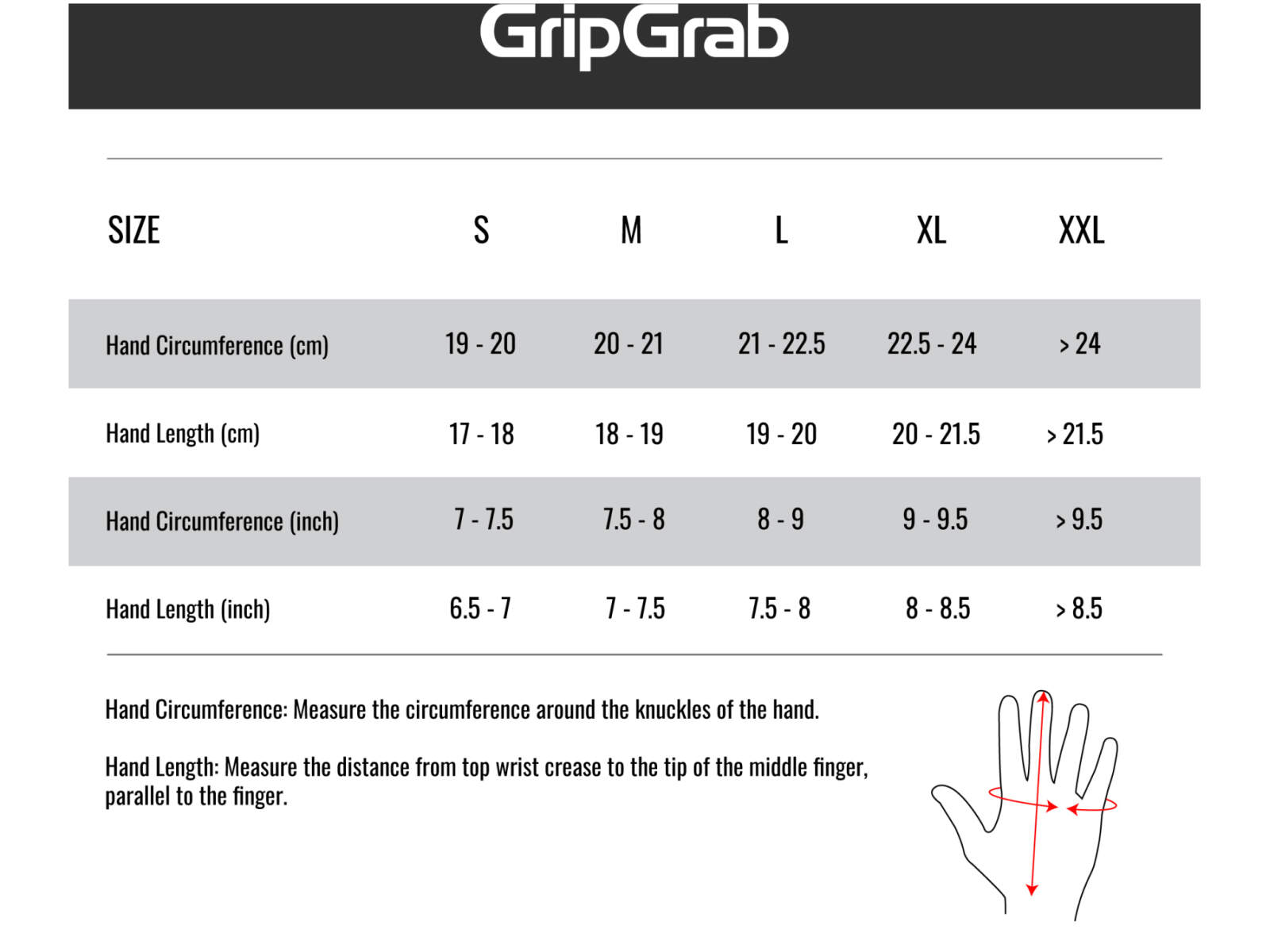 Tabela rozmiarów rękawiczek GribGrab
